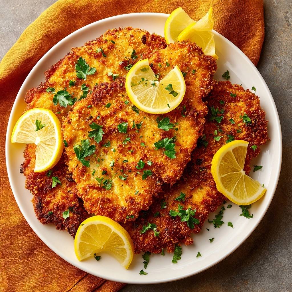 Knuspriges Hähnchenschnitzel mit Zitrone und Petersilie auf einem weißen Teller, garniert und von oben fotografiert.