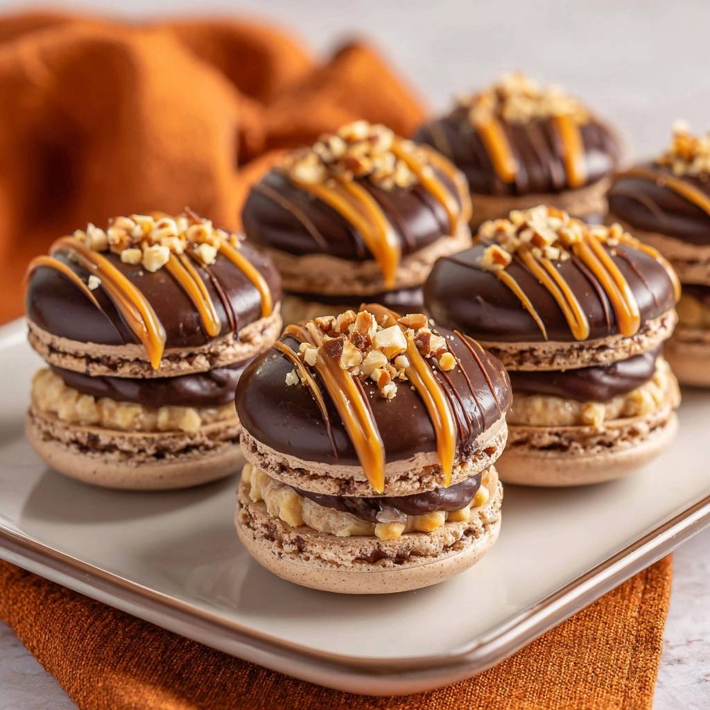 Haselnuss-Schoko-Karamell-Macarons, garniert mit gehackten Nüssen und Karamell, auf einem Teller serviert.