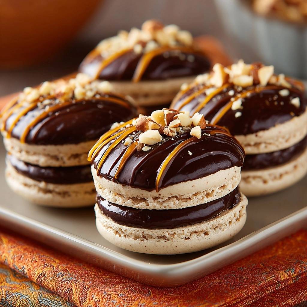 Haselnuss-Schoko-Karamell-Macarons mit Schokoladenglasur, Karamellstreifen und gehackten Nüssen, nah aufgenommen
