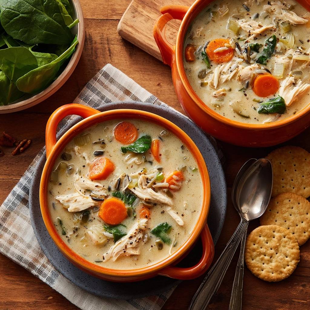 Cremige Hühner-Wildreissuppe serviert in zwei orangen Schüsseln mit Karotten und Spinat, Nahaufnahme.