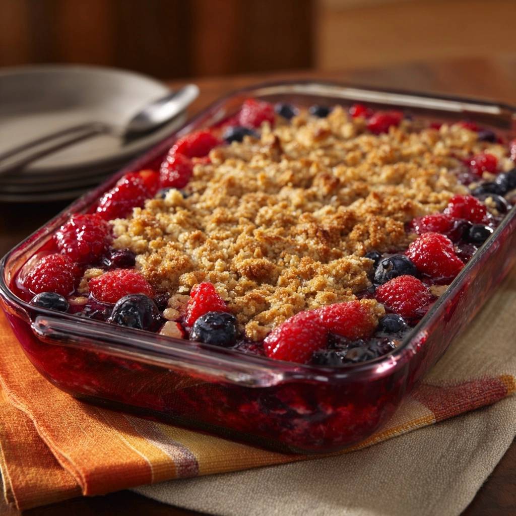Knuspriger Himbeer-Blaubeer-Crumble in einer Glasform, nahaufnahme mit goldbrauner Kruste und saftigen Beeren