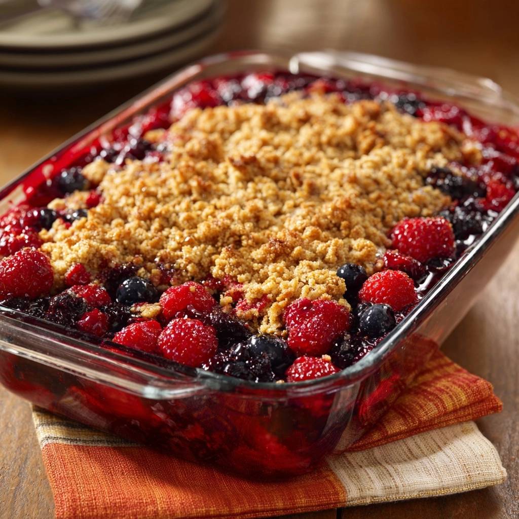 Knuspriger Himbeer-Blaubeer-Crumble in einer Glasform, Nahaufnahme der fruchtigen Füllung und knusprigen Streuseldecke