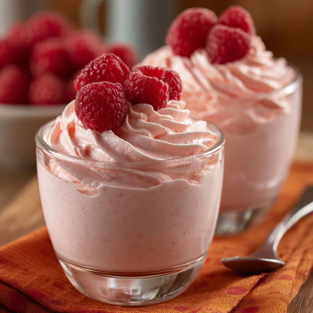 Himbeer-Orangen-Creme mit frischen Himbeeren garniert in einem Glas, Nahaufnahme der cremigen Textur.