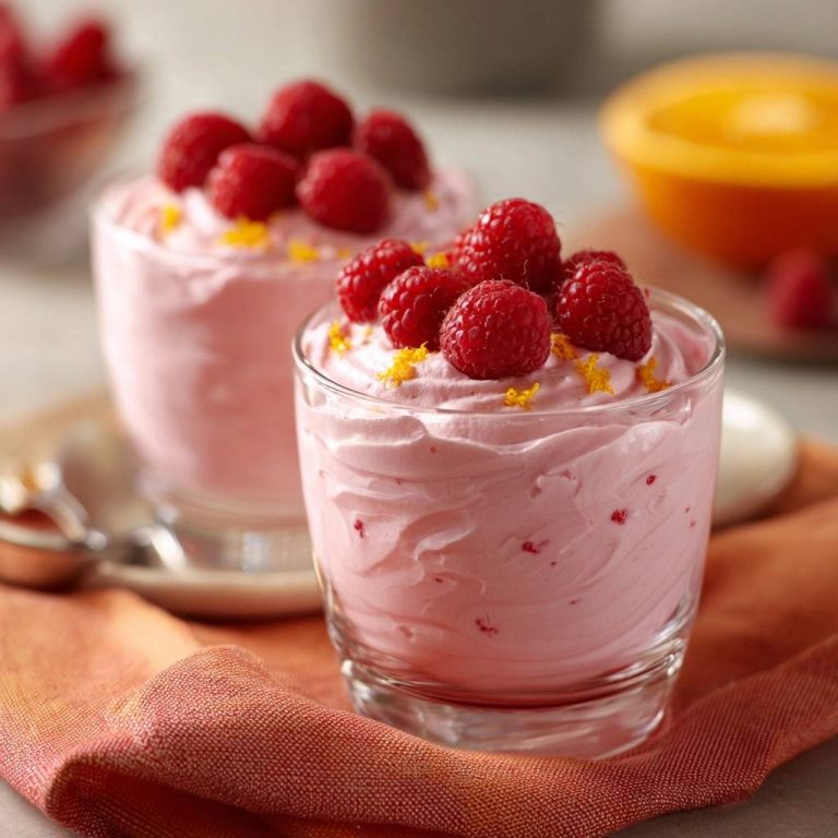 Himbeer-Orangen-Creme garniert mit frischen Himbeeren und Orangenzesten in einem Glas serviert.
