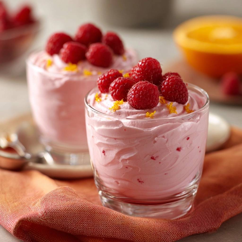 Himbeer-Orangen-Creme garniert mit frischen Himbeeren und Orangenzesten in einem Glas serviert.