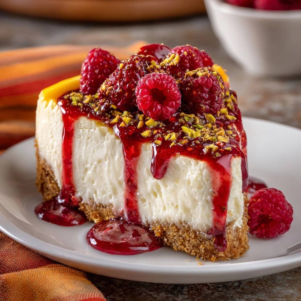 Himbeer-Pistazien-Cheesecake als einzelnes Stück auf einem Teller, mit Himbeersauce und Pistazien garniert