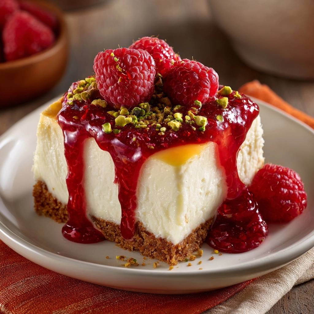 Himbeer-Pistazien-Cheesecake angeschnitten und mit frischen Himbeeren und Pistazien garniert, mit Himbeersauce übergossen