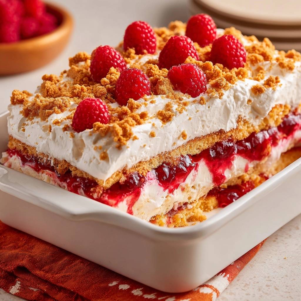 Himbeer-Sahne-Tiramisu im Querschnitt mit frischen Himbeeren und Keksbröseln dekoriert