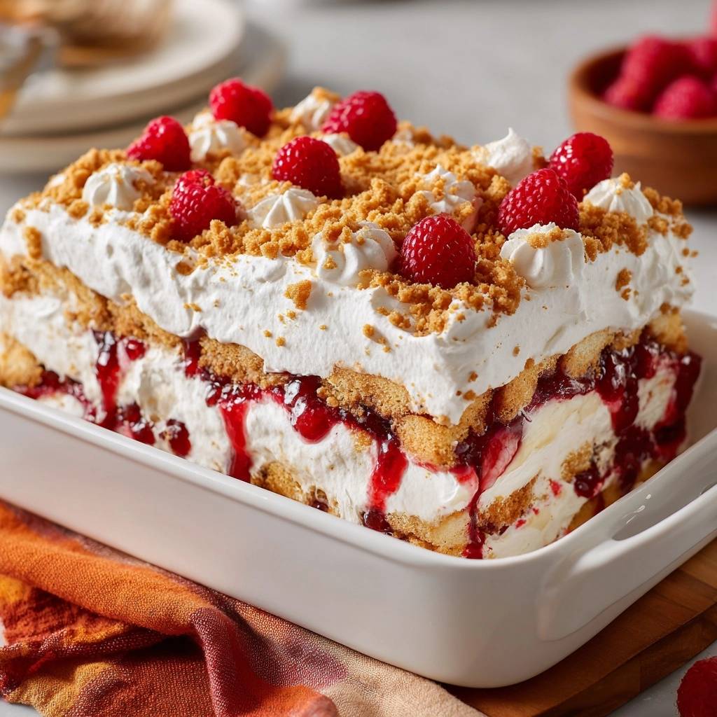 Himbeer-Sahne-Tiramisu im Anschnitt mit Lagen von Keks, Sahne und Himbeersauce, garniert mit frischen Himbeeren.
