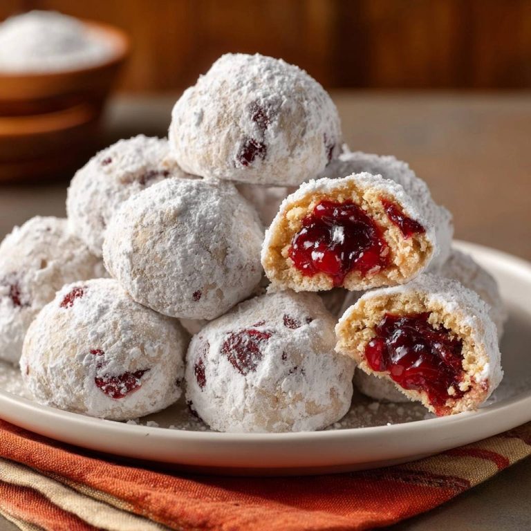 Himbeer-Schneebällchen angeschnitten, die innen eine leuchtend rote Marmeladenfüllung zeigen.