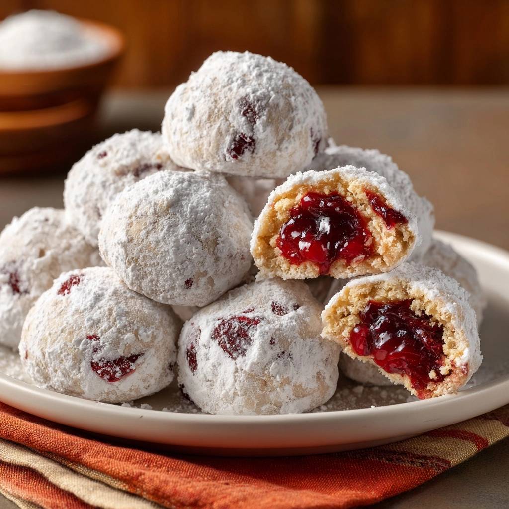 Himbeer-Schneebällchen angeschnitten, die innen eine leuchtend rote Marmeladenfüllung zeigen.
