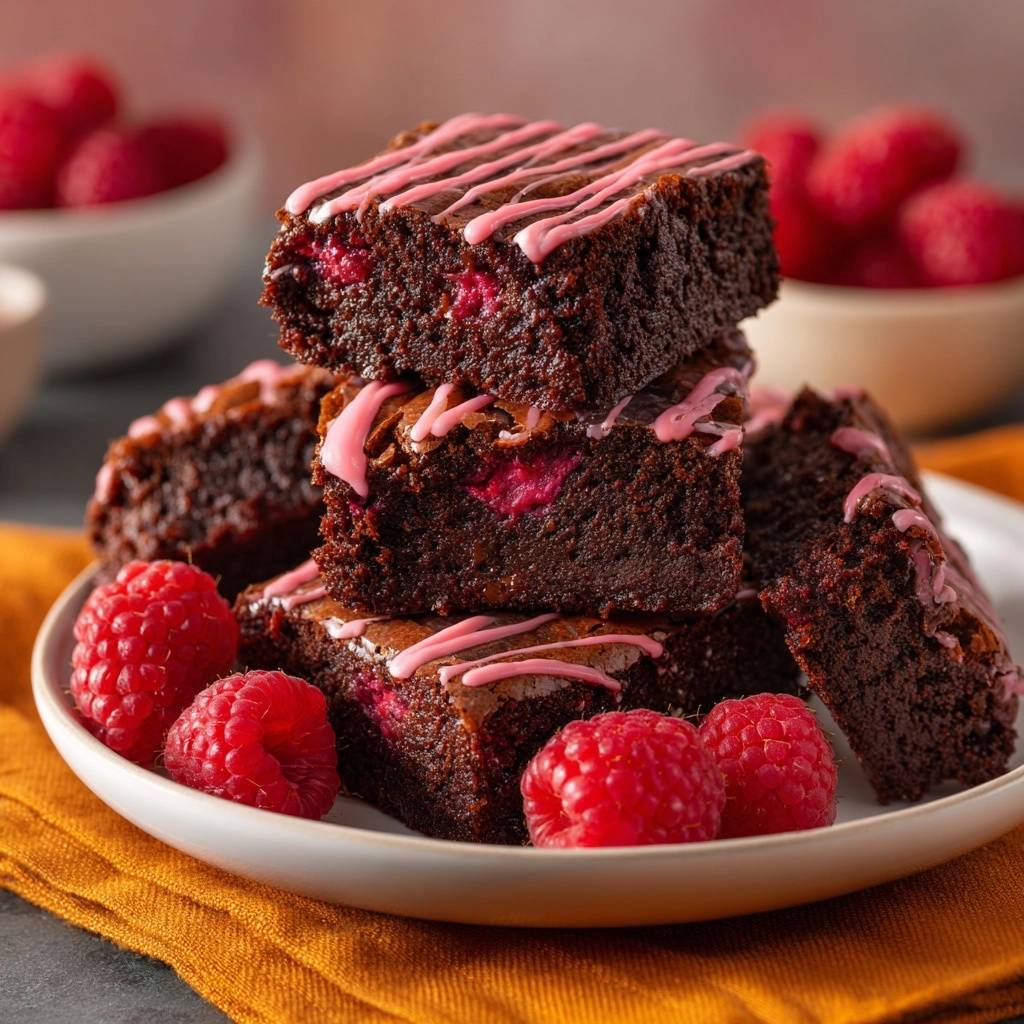 Himbeer-Schokoladen-Brownies angeschnitten mit frischen Himbeeren auf einem Teller, ein Detailblick auf die saftige Textur.