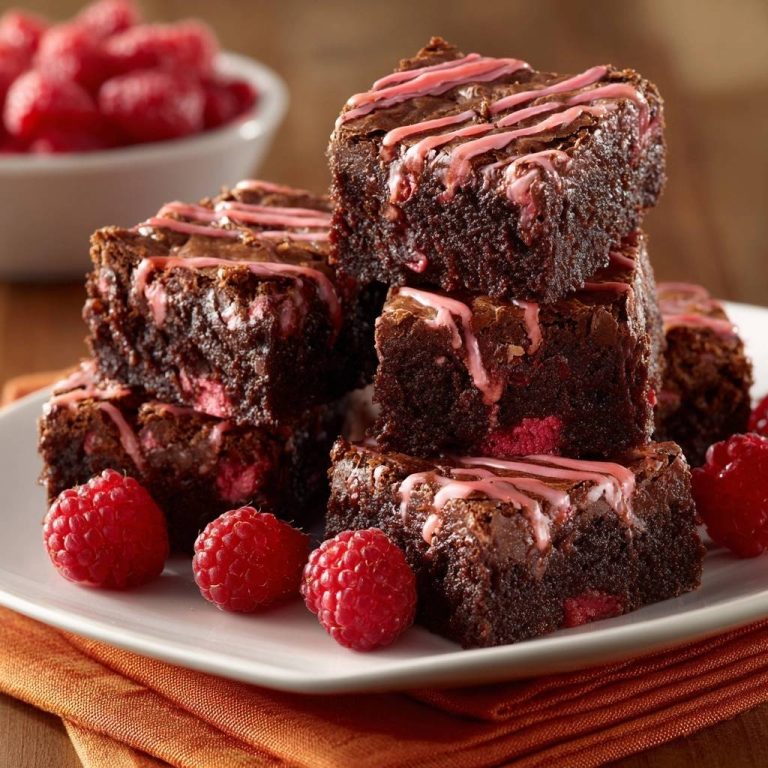 Himbeer-Schokoladen-Brownies gestapelt auf einem Teller mit frischen Himbeeren und rosa Zuckerguss.