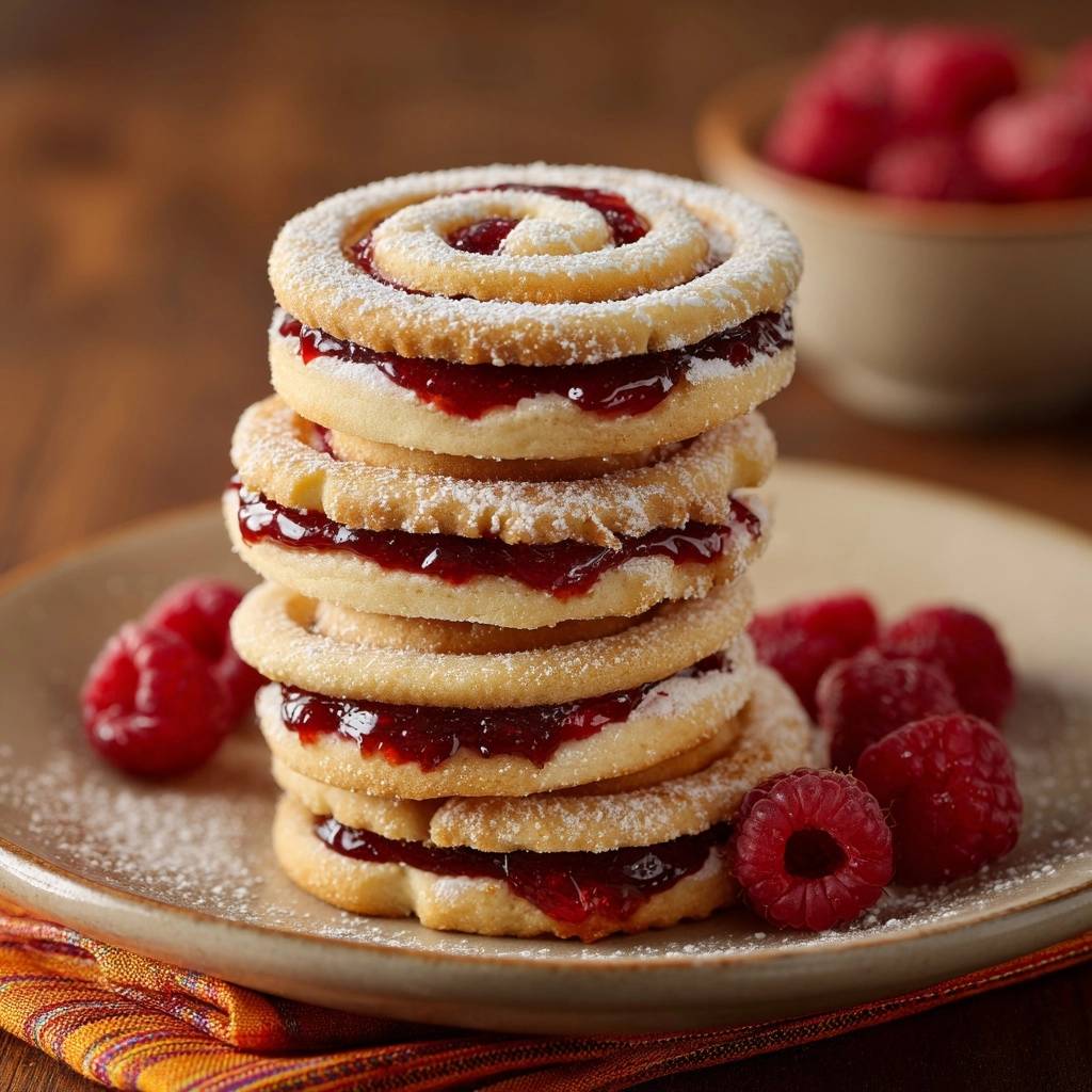 Himbeer-Spiral-Plätzchen, ein gestapelter Nahaufnahme-Blick auf diese gefüllten Kekse mit Himbeermarmelade.