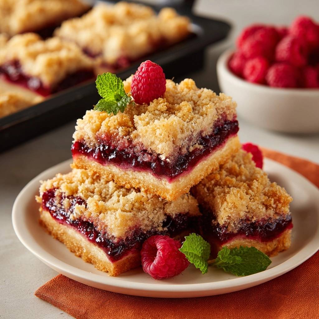Himbeer-Streuselkuchen angeschnitten auf einem Teller, mit frischen Himbeeren und Minze garniert