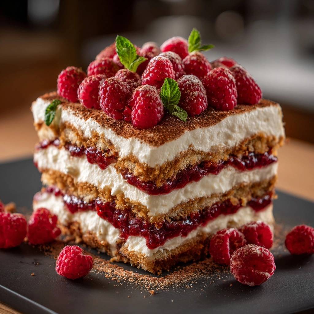 Himbeer-Tiramisu im Querschnitt, üppig garniert mit frischen Himbeeren und Minze auf dunkler Platte.