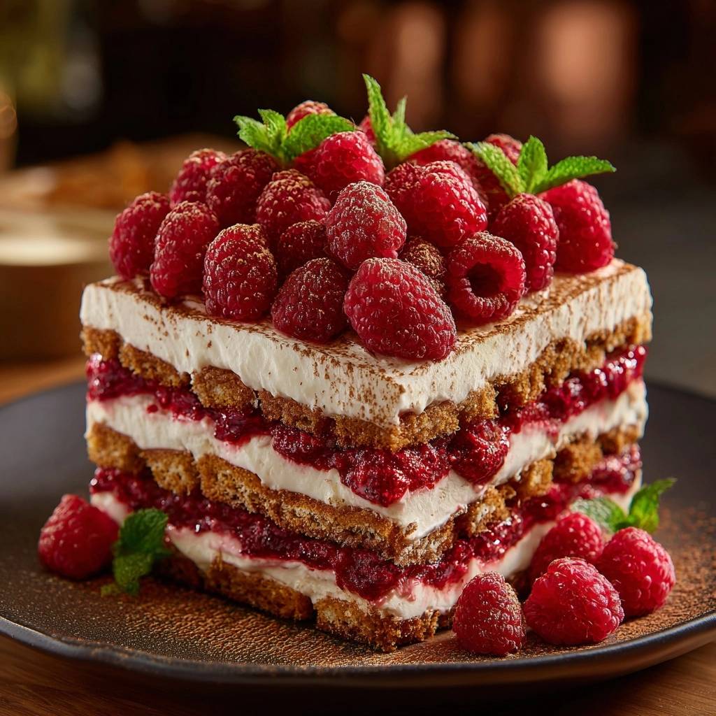 Himbeer-Tiramisu im Querschnitt mit vielen frischen Himbeeren und Minze garniert, das die geschichtete Zubereitung zeigt.