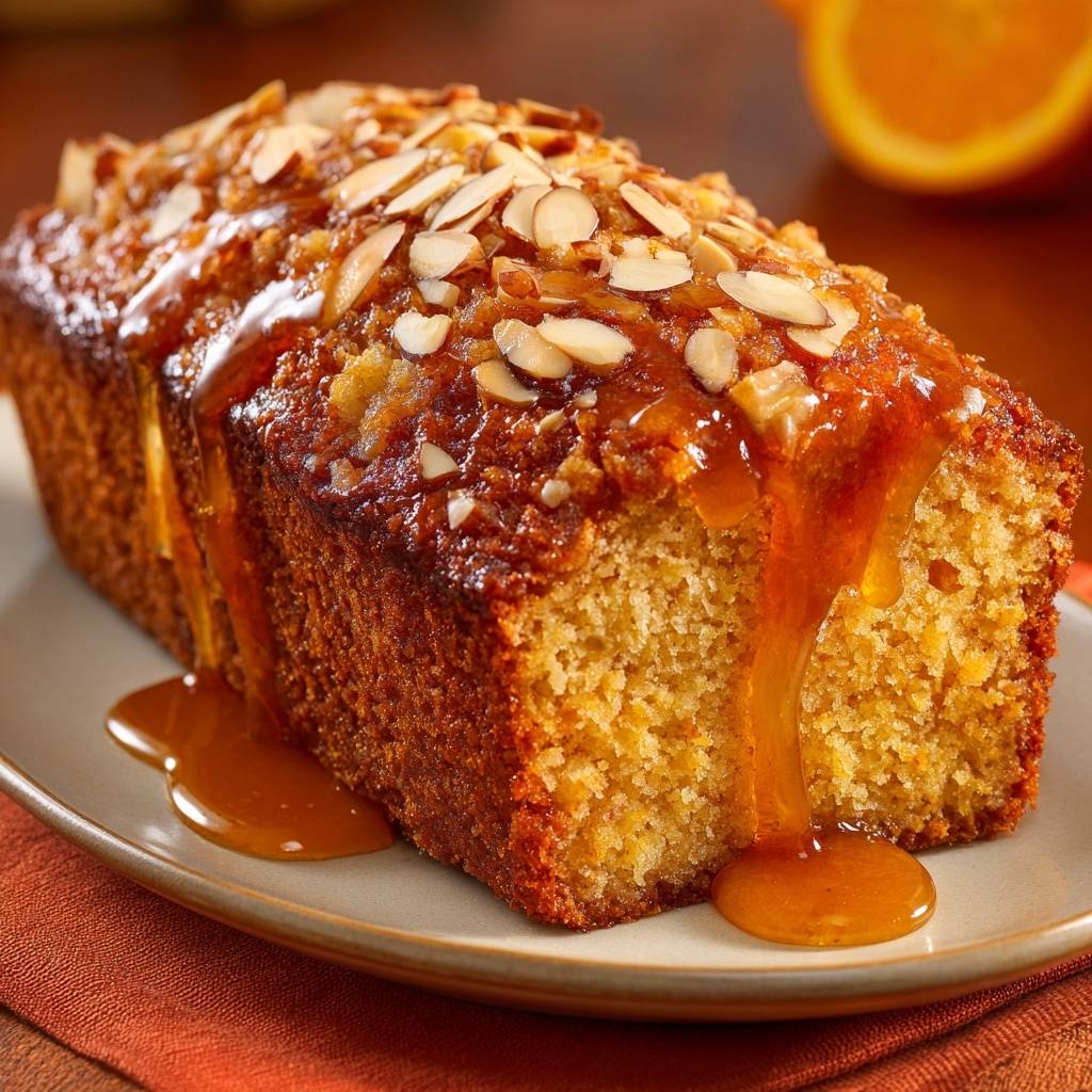 Saftiger Honig-Mandel-Kuchen mit fließender Honigglasur und Mandelstiften, nahaufnahme.