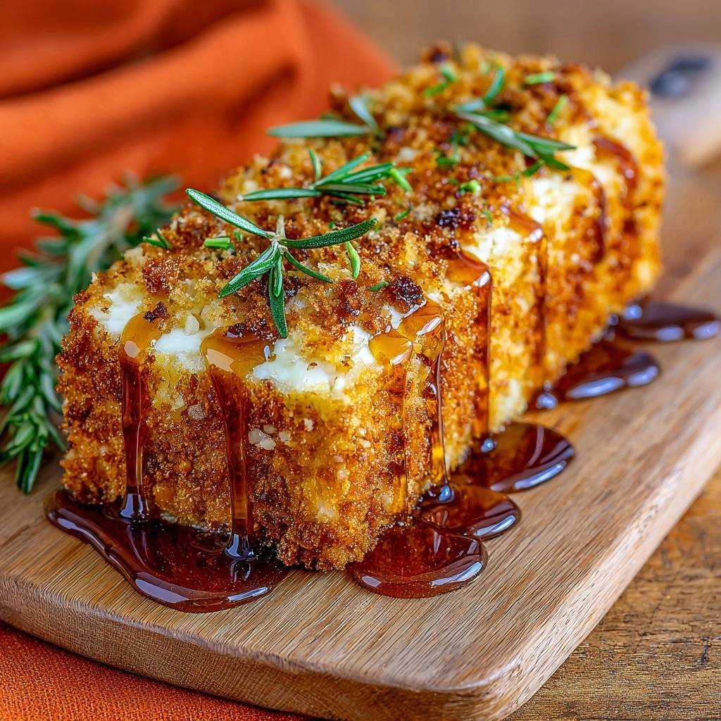 Knuspriger Honig-Rosmarin-Halloumi glasiert mit Honig und garniert mit Rosmarin, Nahaufnahme auf Holzbrett