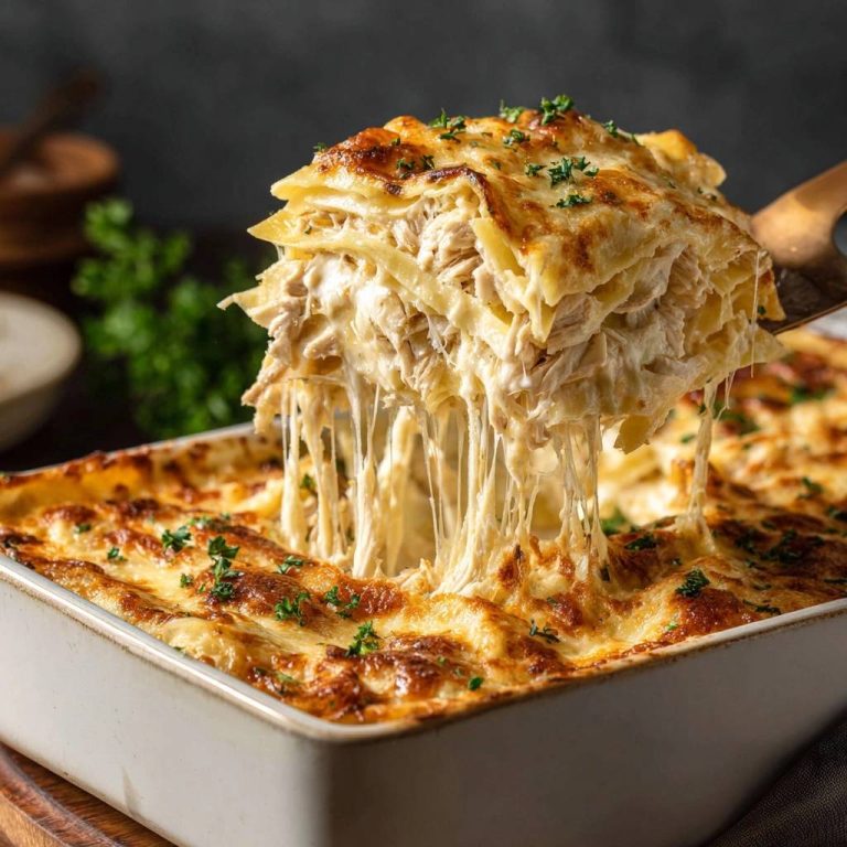 Cremige Hühnerlasagne mit geschmolzenem Käse, der beim Herausnehmen einer Portion Fäden zieht