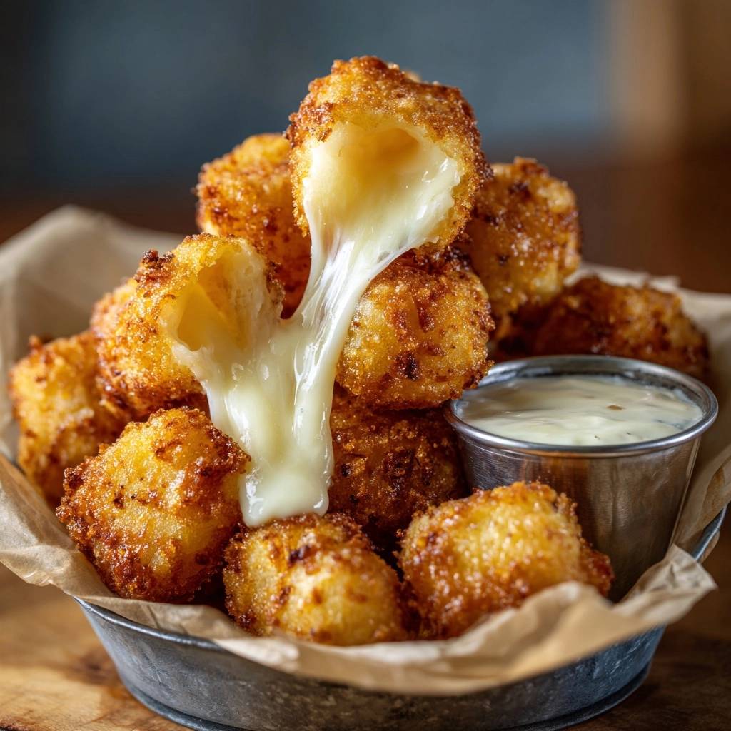 Knusprige Käse-gefüllte Kartoffelnuggets mit geschmolzenem Käse, der aus einem Nugget fließt, serviert mit Dip.