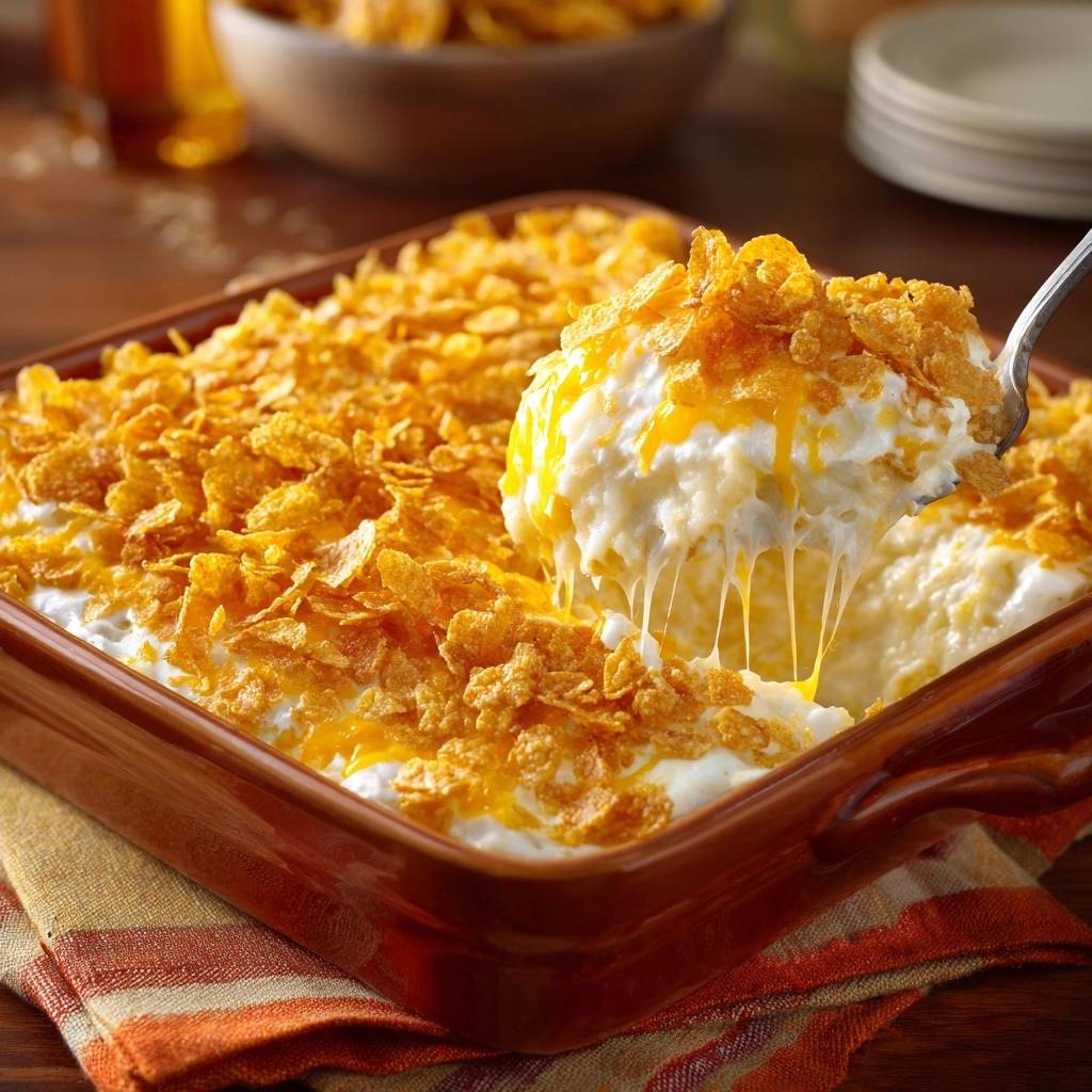 Knuspriger Käse-Kartoffel-Auflauf mit geschmolzenem Käse und Cornflakes-Topping, detailreich fotografiert.
