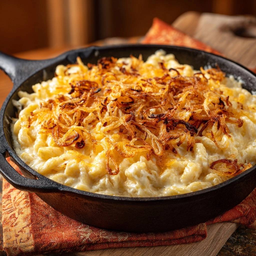 Käsespätzle mit knusprigen Zwiebeln, serviert in einer gusseisernen Pfanne mit detailreicher Nahaufnahme der goldbraunen Röstzwiebeln.