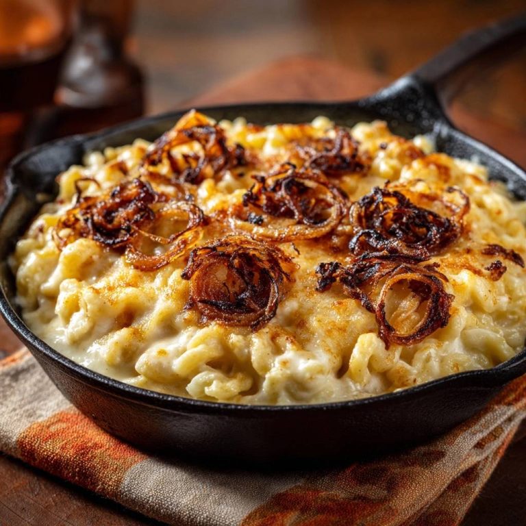 Käsespätzle mit knusprigen Zwiebeln als Nahaufnahme in einer Gusseisenpfanne, detailreiche Textur des Gerichts.