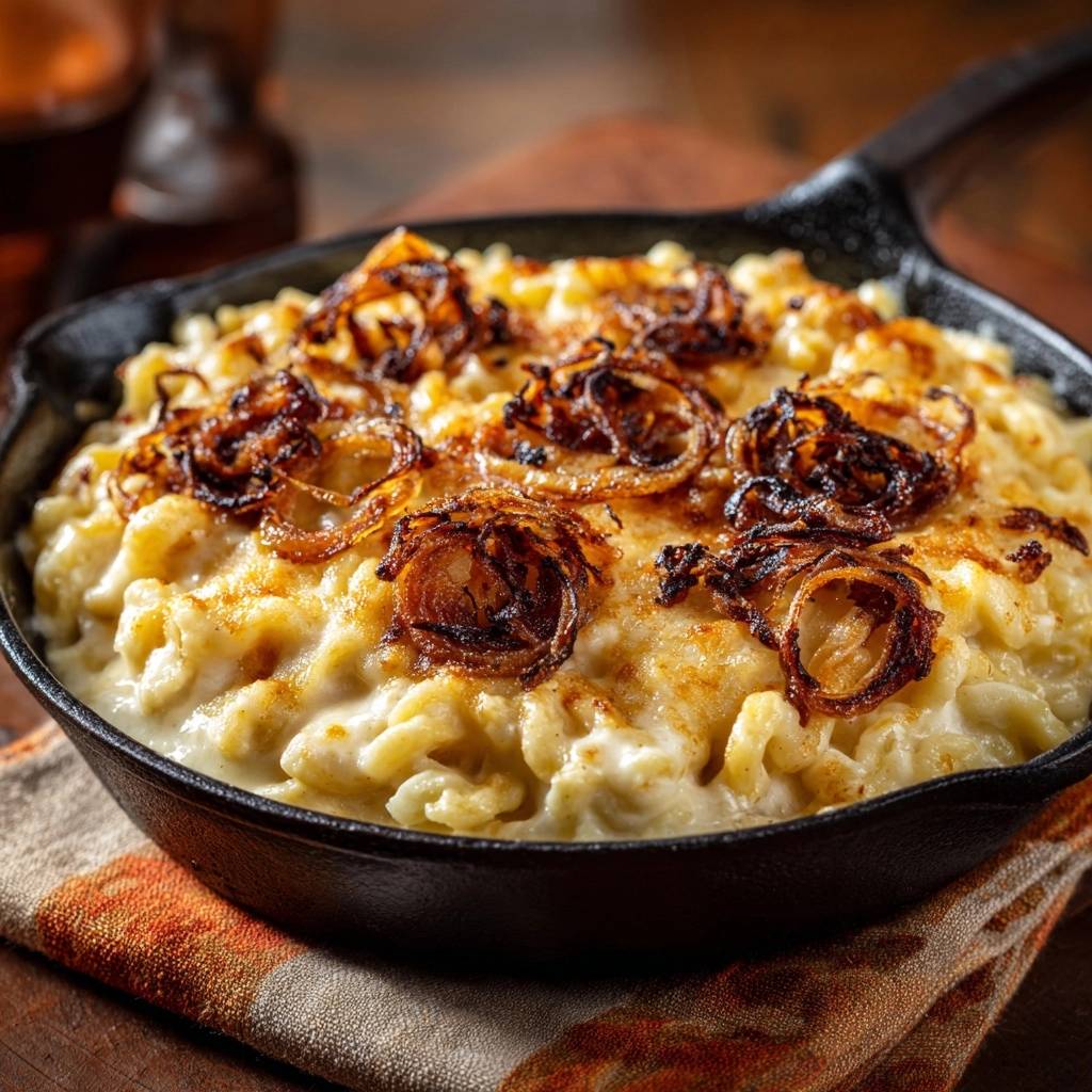 Käsespätzle mit knusprigen Zwiebeln als Nahaufnahme in einer Gusseisenpfanne, detailreiche Textur des Gerichts.