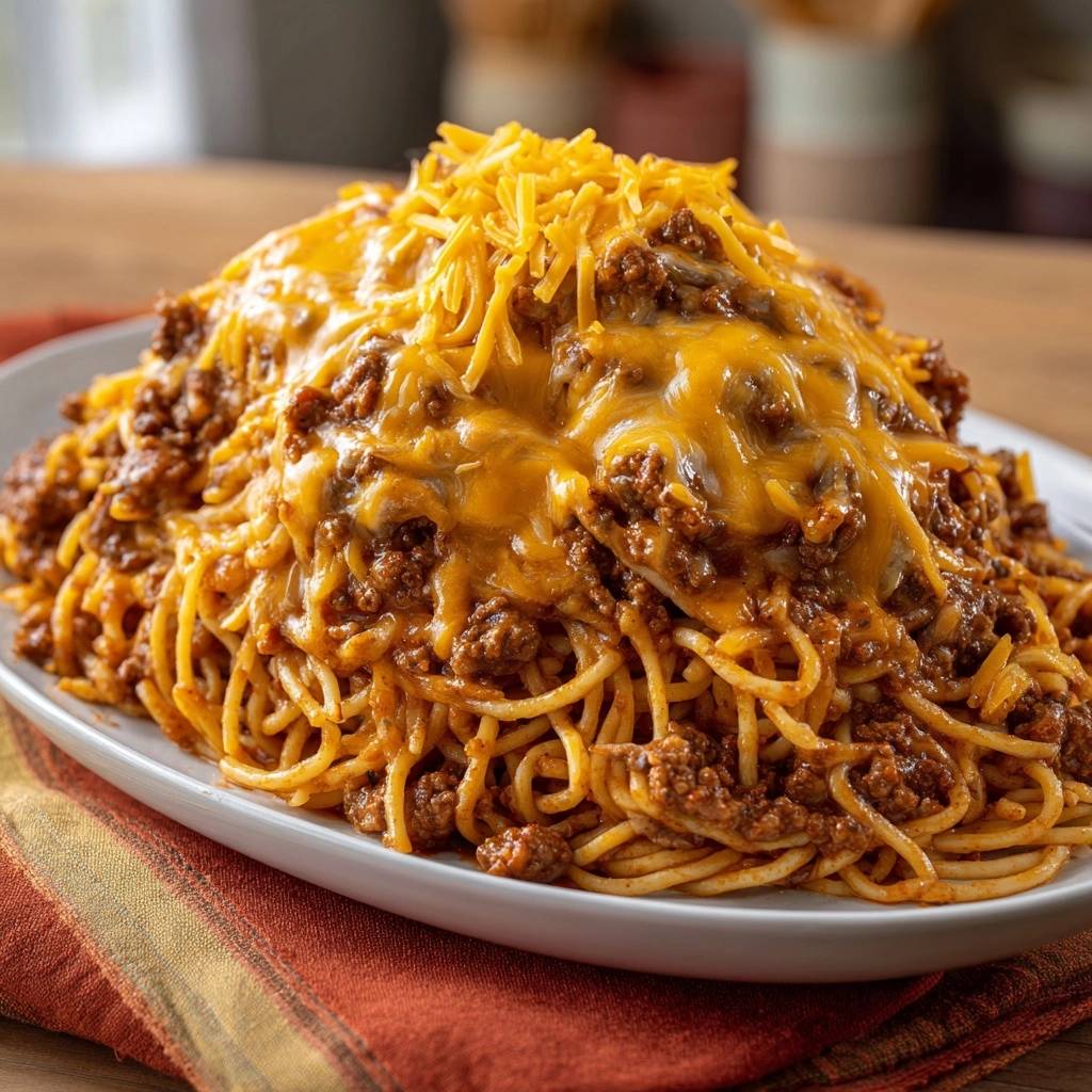 Käseüberbackene Spaghetti mit Hacksoße, eine Nahaufnahme, die den geschmolzenen Käse auf der herzhaften Hackfleischsauce zeigt.