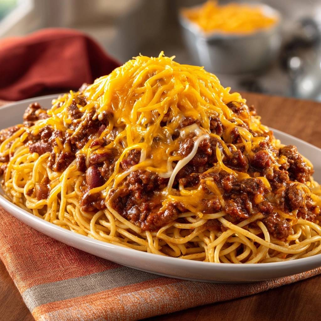 Käseüberbackene Spaghetti mit Hacksoße, nahaufnahme des geschmolzenen Käses, der die Nudeln bedeckt.
