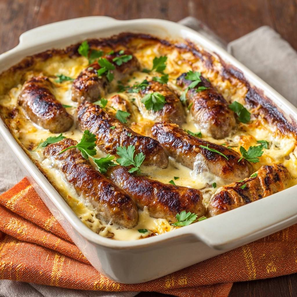 Käseüberbackener Wurst-Auflauf, frisch aus dem Ofen, mit Petersilie garniert in einer Auflaufform.
