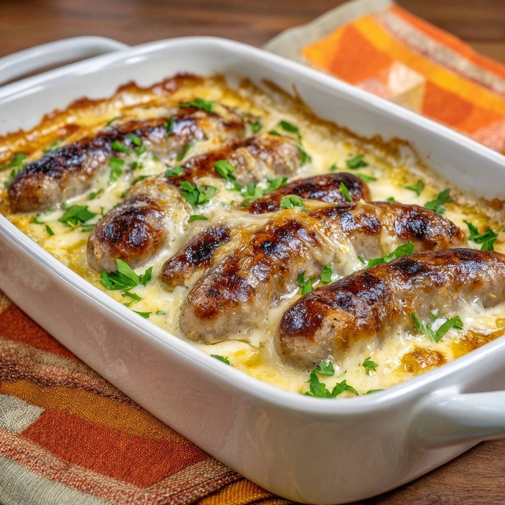 Käseüberbackener Wurst-Auflauf in einer weißen Auflaufform, mit frischer Petersilie garniert und geschmolzenem Käse überbacken.