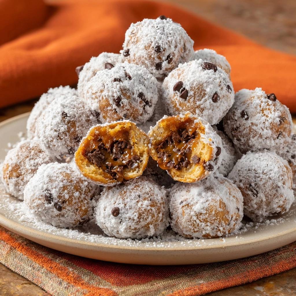 Karamell-gefüllte Schoko-Cookie-Bällchen angeschnitten, die das schmelzende Karamell und die Schokoladenstückchen im Inneren zeigen.