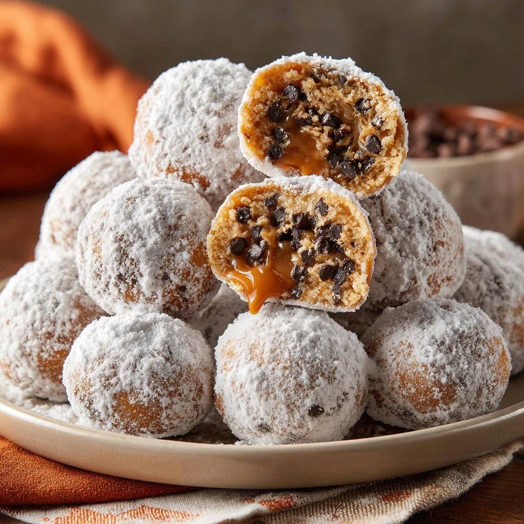 Karamell-gefüllte Schoko-Cookie-Bällchen im Anschnitt mit flüssiger Karamellfüllung und Schokostückchen.