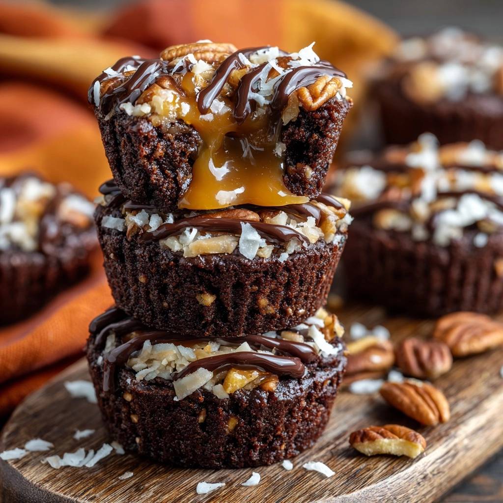Karamell-Kokos-Pekan-Brownie-Bites angeschnitten, die das flüssige Karamell im Inneren zeigen, garniert mit Schokolade und Kokosraspeln.