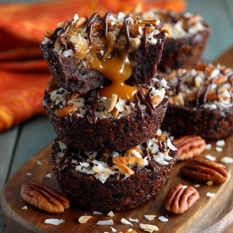Karamell-Kokos-Pekan-Brownie-Bites angeschnitten mit flüssigem Karamell, das aus dem Inneren tropft.