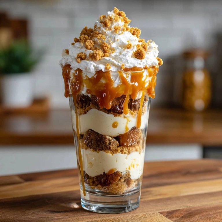 Karamell-Kuchen-Parfait im Glas mit geschichteten Kuchenstücken, Vanillecreme und Karamellsauce, getoppt mit Sahne und Streuseln.
