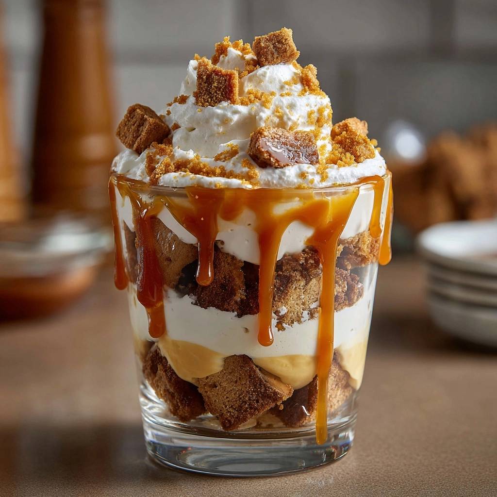Karamell-Kuchen-Parfait im Glas mit üppiger Sahne und Karamellsauce, detailreiche Nahaufnahme