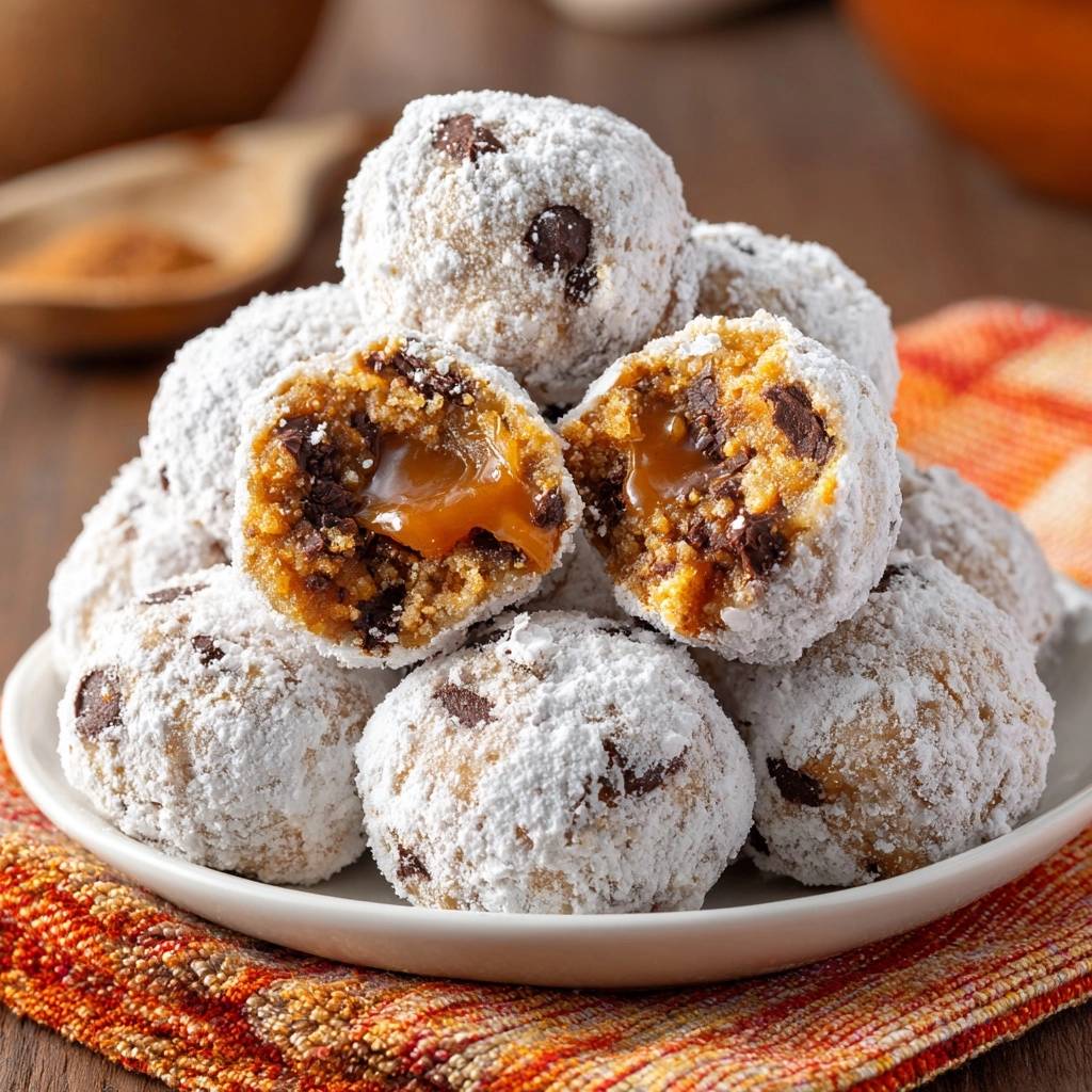 Karamell-Schoko-Donut-Bällchen mit geschmolzener Karamellfüllung und Schokostückchen, angeschnitten auf einem Teller.