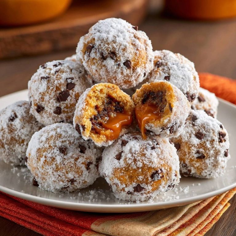 Karamell-Schoko-Donut-Bällchen angeschnitten, die cremige Karamellfüllung läuft aus und zeigt die saftige Innenseite.