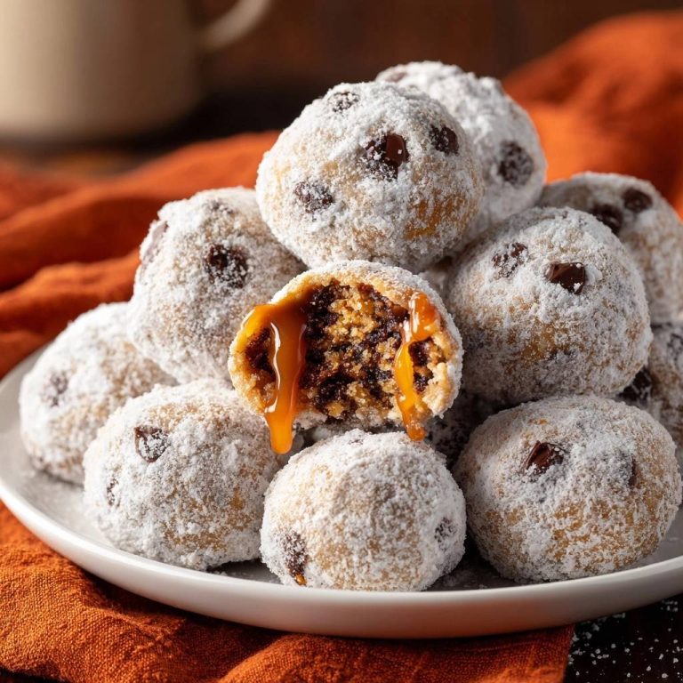 Karamell-Schoko-Schneebällchen angeschnitten, die einen flüssigen Karamellkern mit Schokoladenstückchen offenbaren.