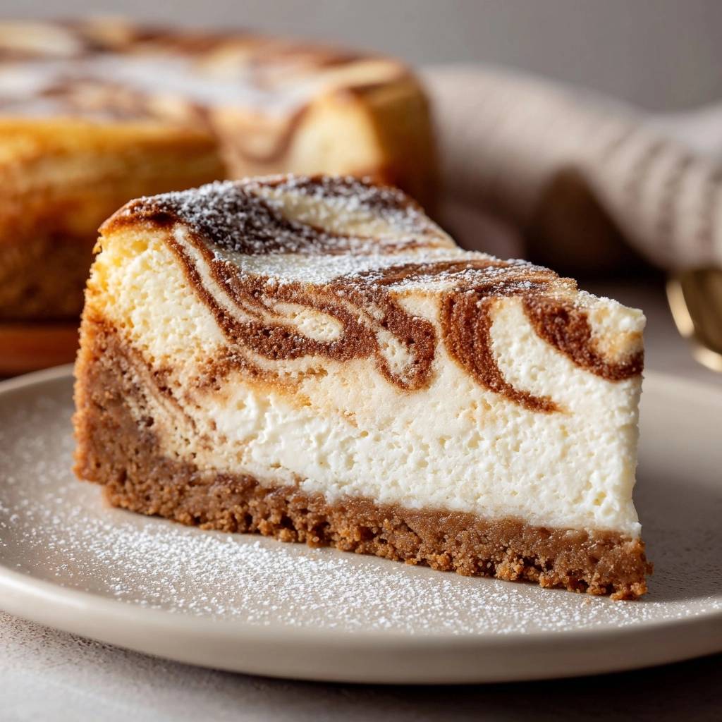 Karamell-Swirl-Cheesecake angeschnitten auf einem Teller, mit Puderzucker bestäubt und braunen Swirls im Inneren.