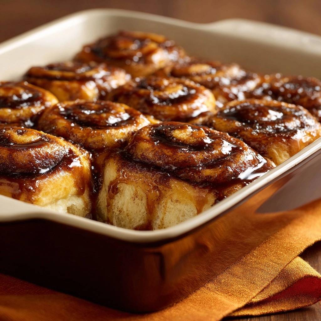 Karamell-Zimtschnecken, die in einer braunen Auflaufform frisch gebacken sind und mit Karamellsauce übergossen wurden.