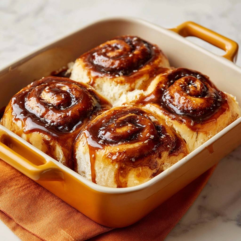 Karamell-Zimtschnecken sind in einer gelben Auflaufform mit einer glänzenden Karamellglasur und weißem Sesam garniert.
