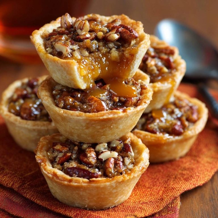 Karamellige Pekan-Pie-Törtchen mit fließender Karamellfüllung und Pekannüssen, nahaufnahme