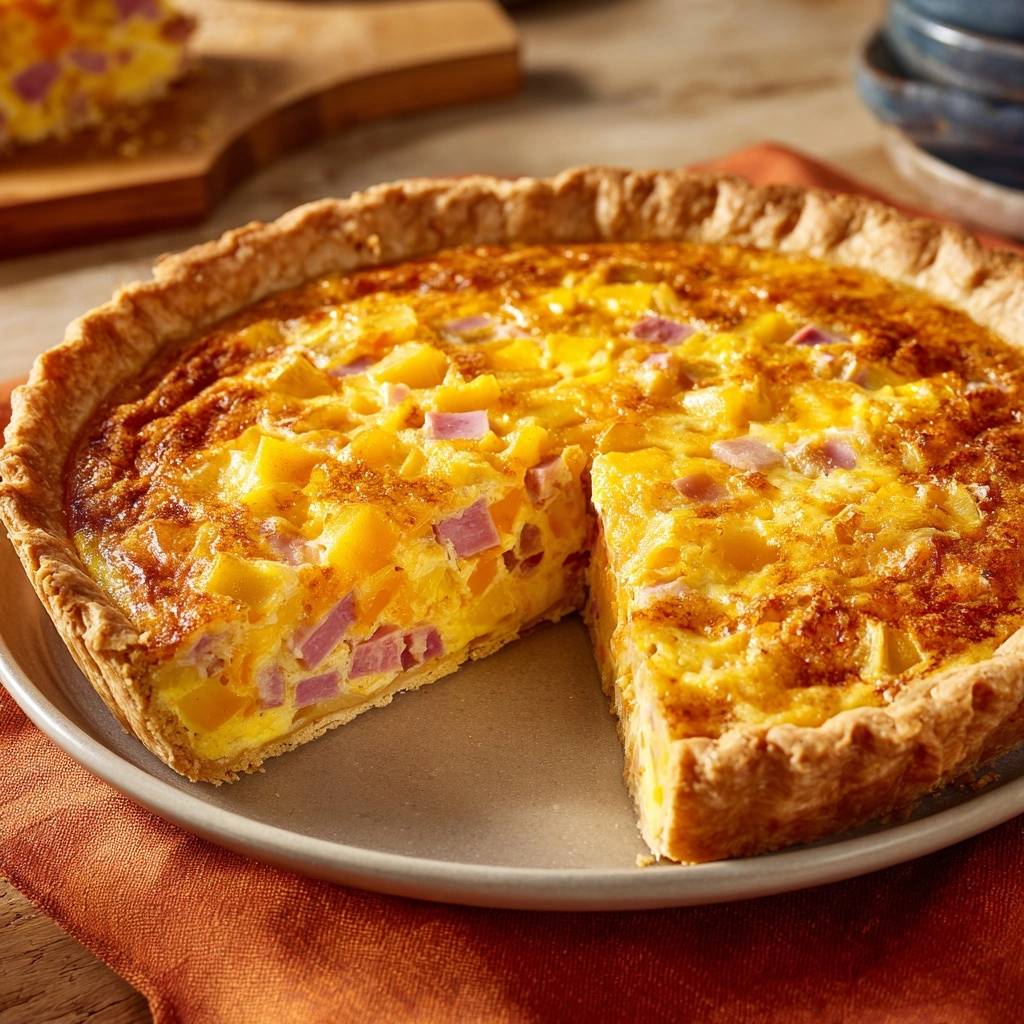Kartoffel-Schinken-Käse-Quiche mit knusprigem Boden, angeschnitten auf einem Teller, zeigt die saftige Füllung mit Schinkenwürfeln und Kartoffelstückchen.
