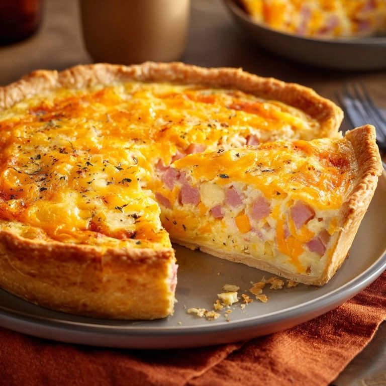 Kartoffel-Schinken-Käse-Quiche angeschnitten, zeigt den goldbraunen Boden und das herzhafte Innere mit Schinkenwürfeln und Käse.