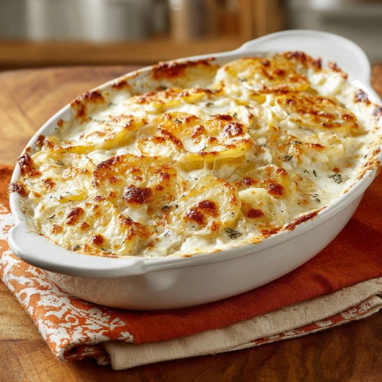 Perfektes Kartoffelgratin cremig ohne wässrige Soße, frisch aus dem Ofen in einer weißen Auflaufform auf einem Holztisch.