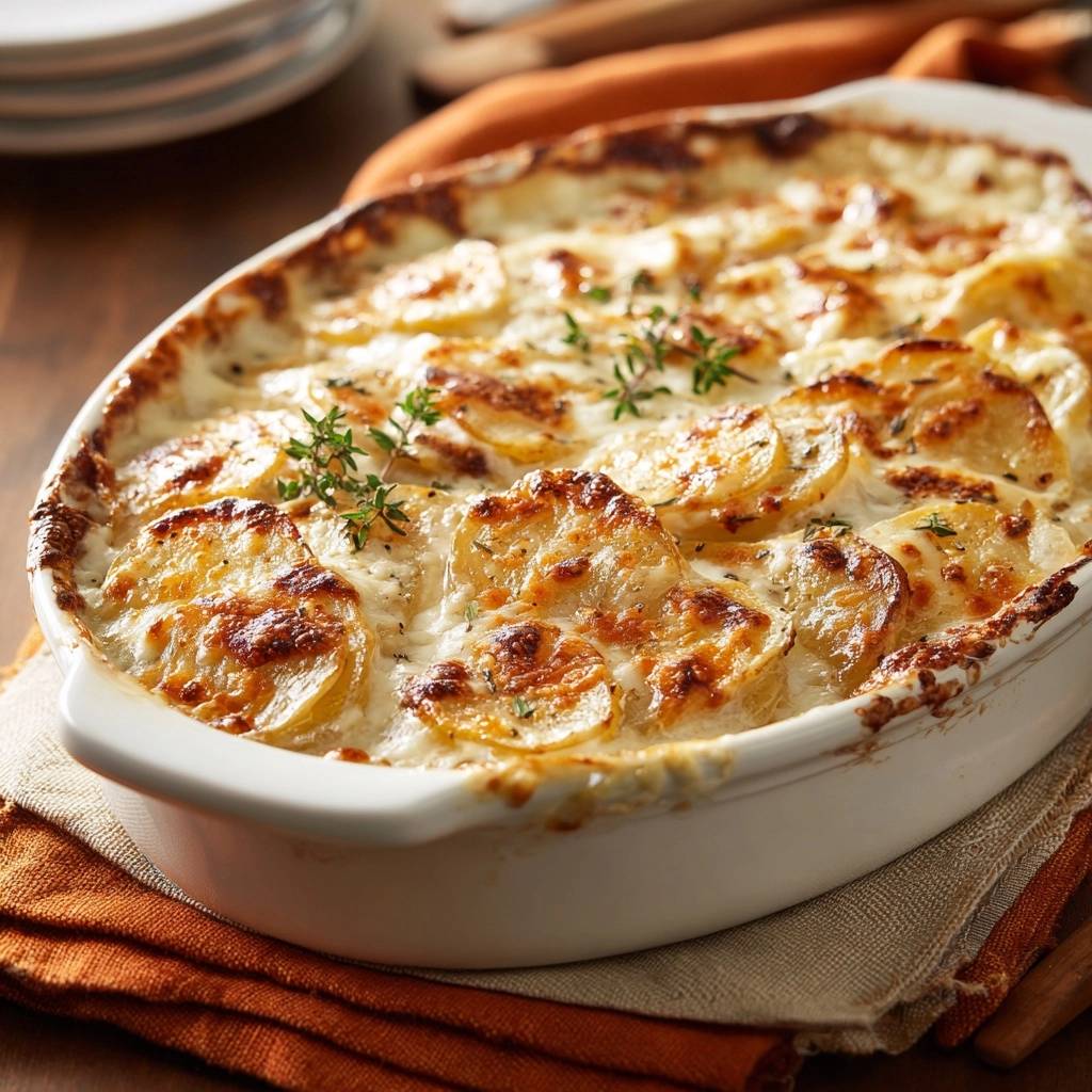 Perfektes Kartoffelgratin cremig ohne wässrige Soße, nahaufnahme der goldbraunen Kartoffelscheiben mit frischen Kräutern garniert